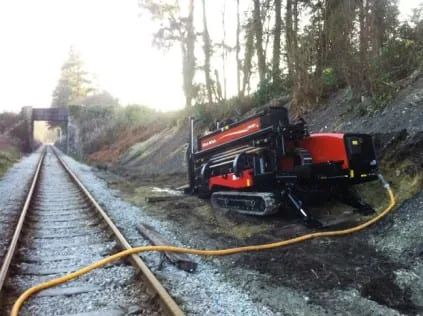 A directional drilling rig working across open ground, the kind of crossing assessed at feasibility stage