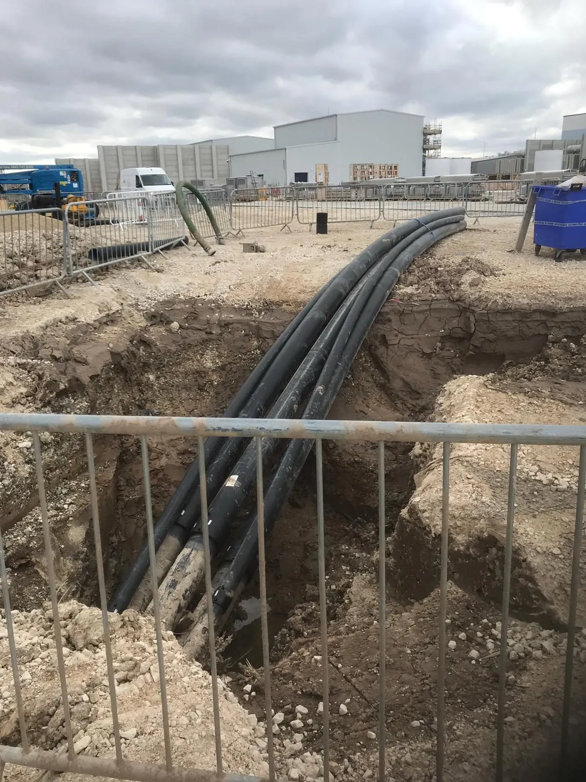 The cable-duct bundle curving down into the launch pit and the start of the bore at the Hornsea Two connection