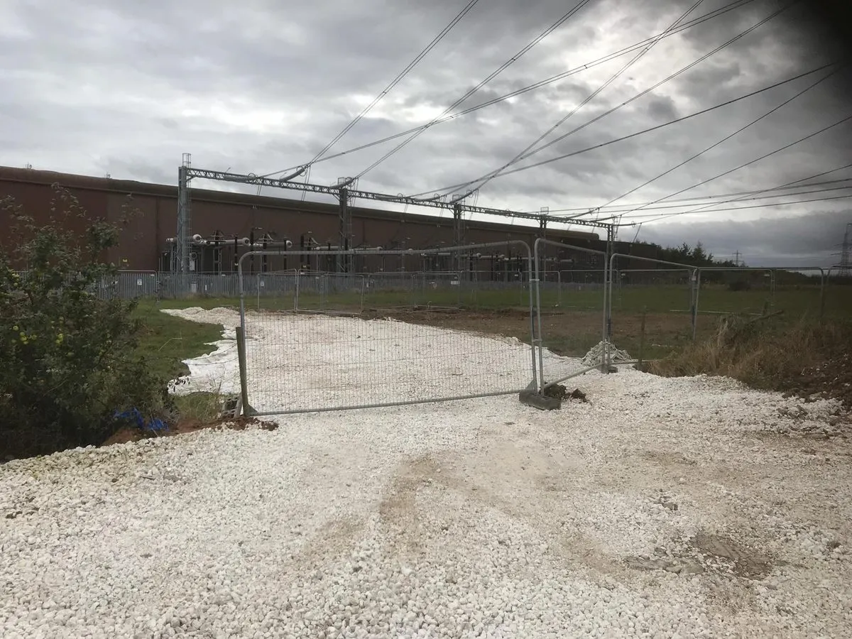 The overhead 400kV lines at the Killingholme substation site where the Hornsea Two grid connection was drilled