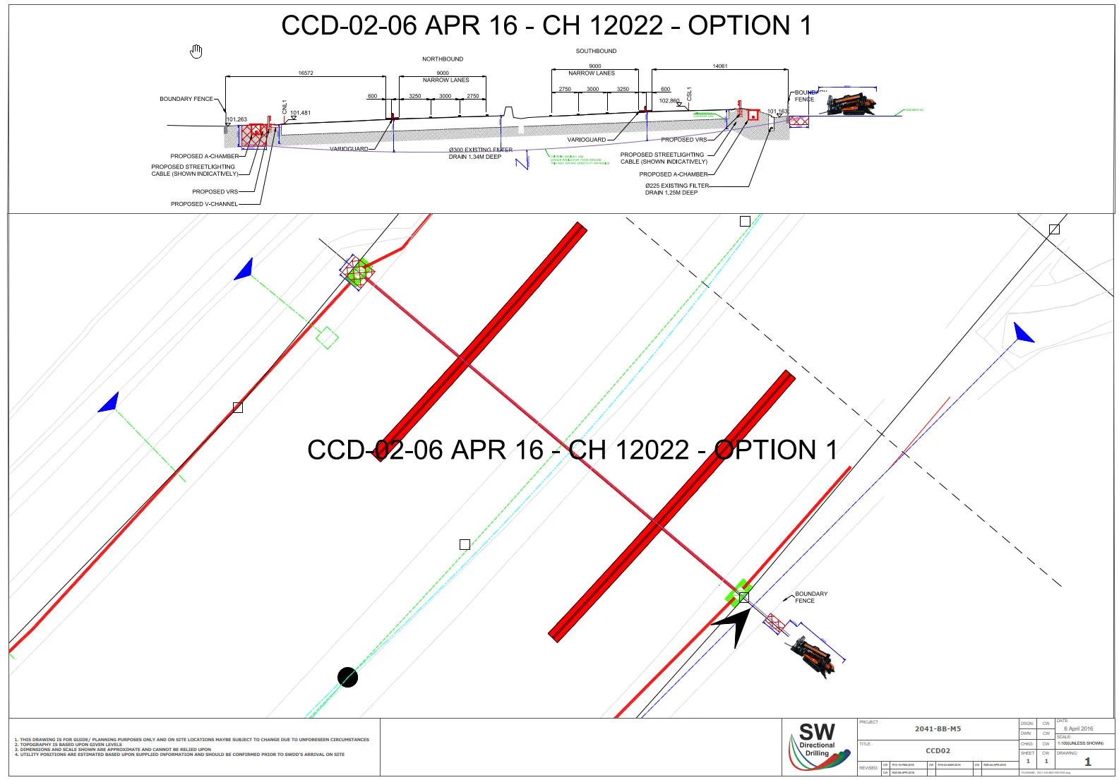 An S.W.Directional Drilling general arrangement drawing for one of the M5 cross-carriageway crossings, showing the bore line crossing under the carriageway with the existing services