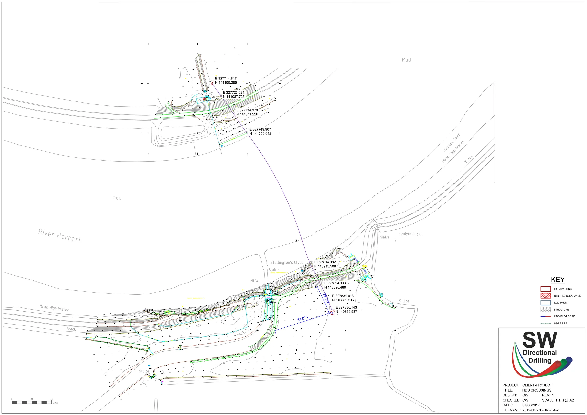 S.W.Directional Drilling site layout for the Pawlett Hams crossing, showing the River Parrett, the pilot bore line, the mud banks and the launch and reception areas