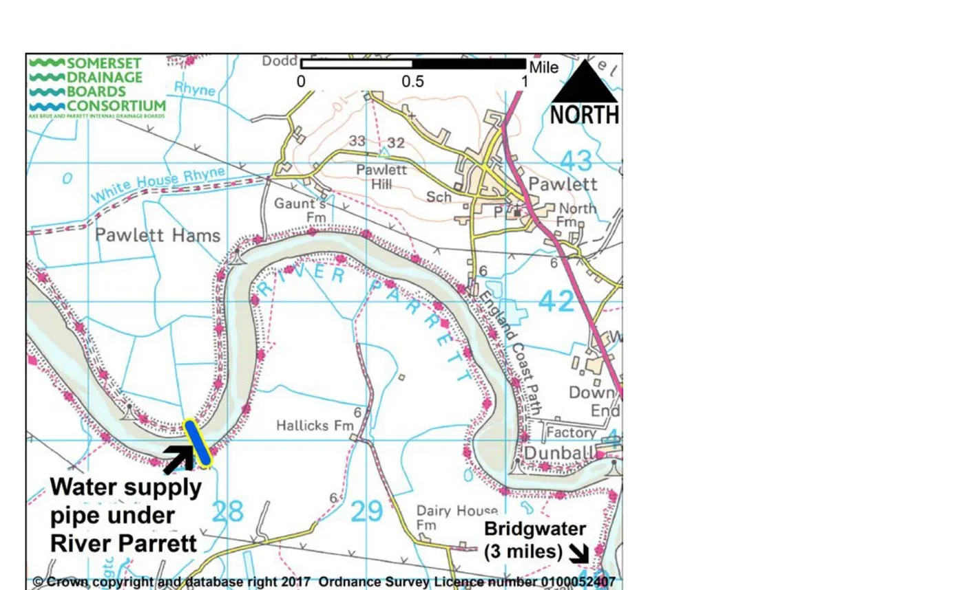 Ordnance Survey location map showing the water supply pipe crossing under the River Parrett at Pawlett Hams, near Bridgwater
