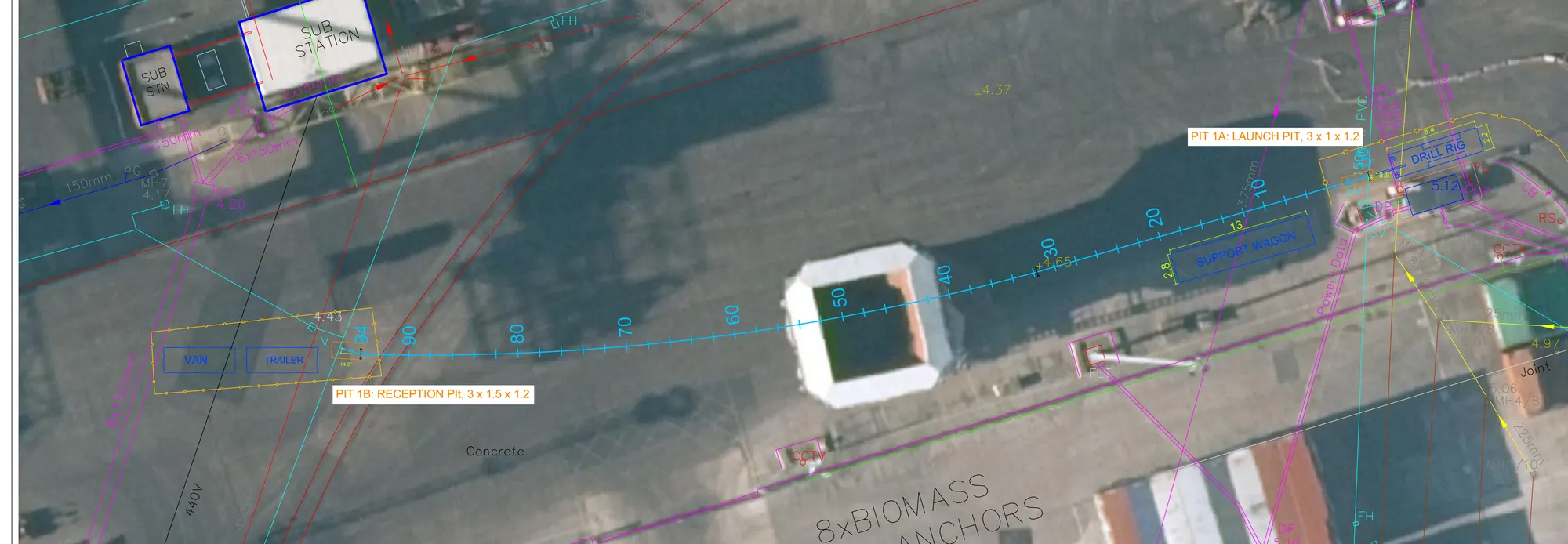 S.W. Directional Drilling layout drawing for the Port of Tyne quayside water main, showing the 94m drilled bore from the launch pit to the reception pit threading between existing port services