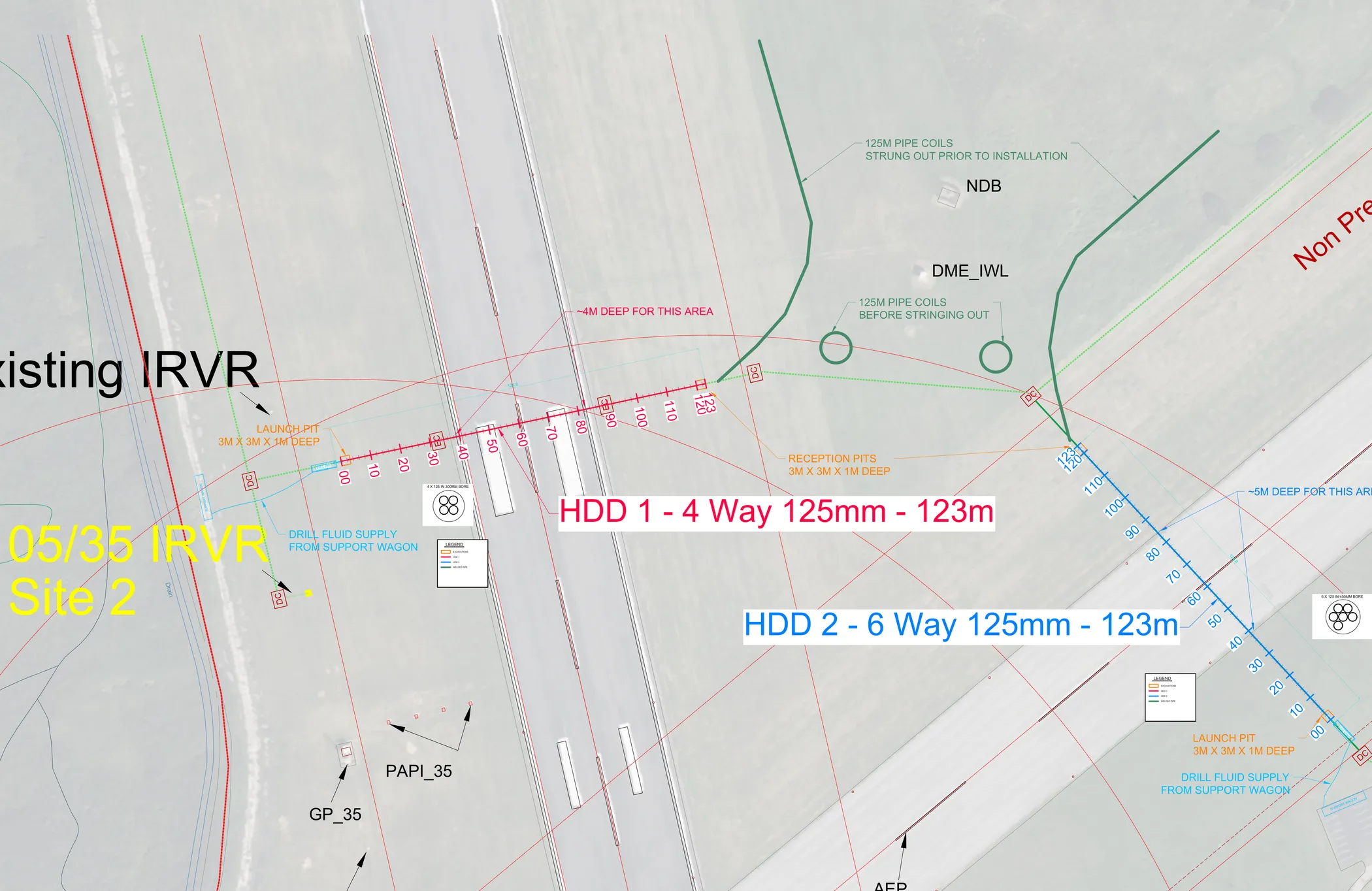 S.W. Directional Drilling layout drawing for two duct crossings beneath the runways at Walney Aerodrome, showing the four-way HDD 1 and six-way HDD 2 bore lines, launch and reception pits, set out over an aerial of the airfield